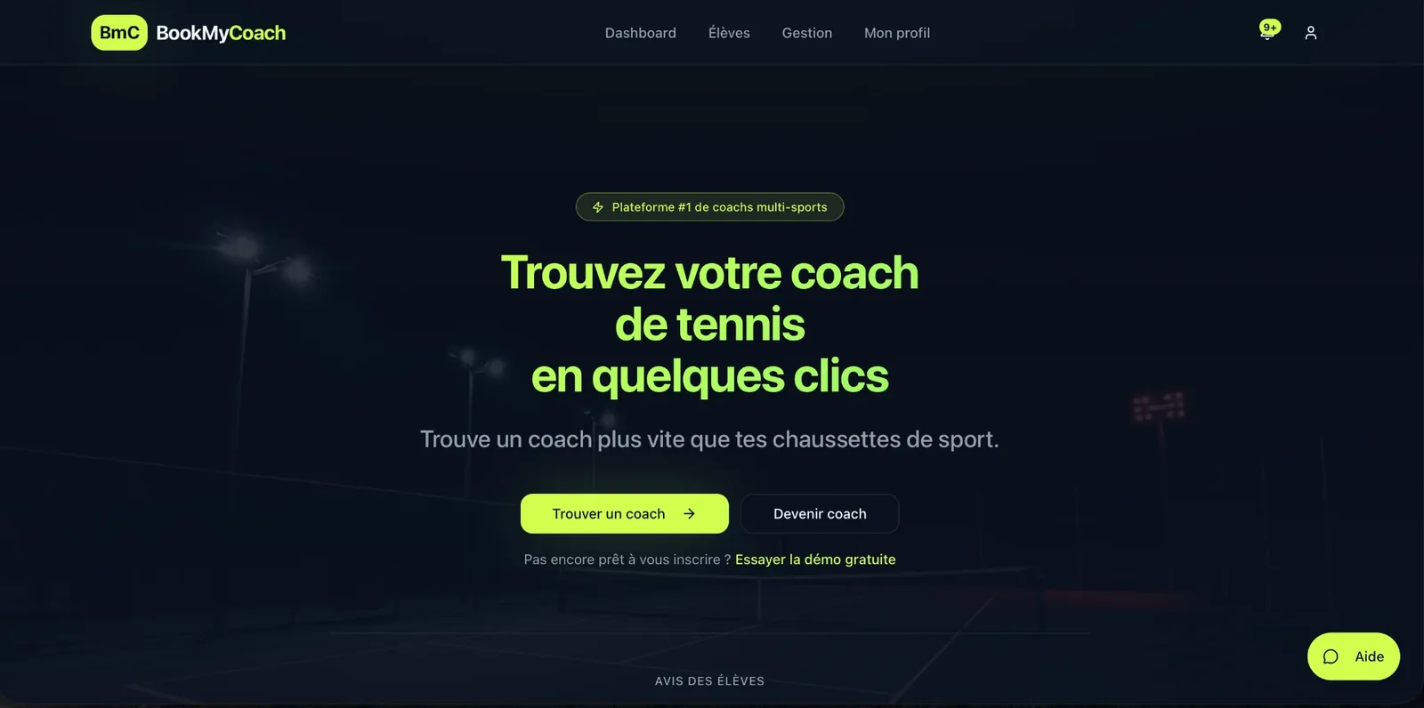 Page d'accueil de la plateforme BookMyCoach