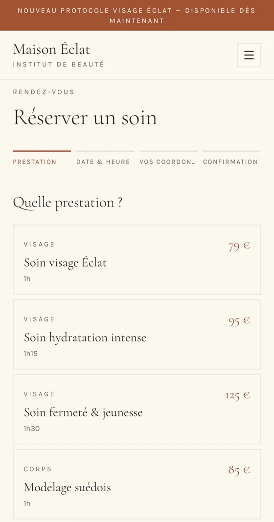 Parcours de réservation mobile du site Maison Éclat